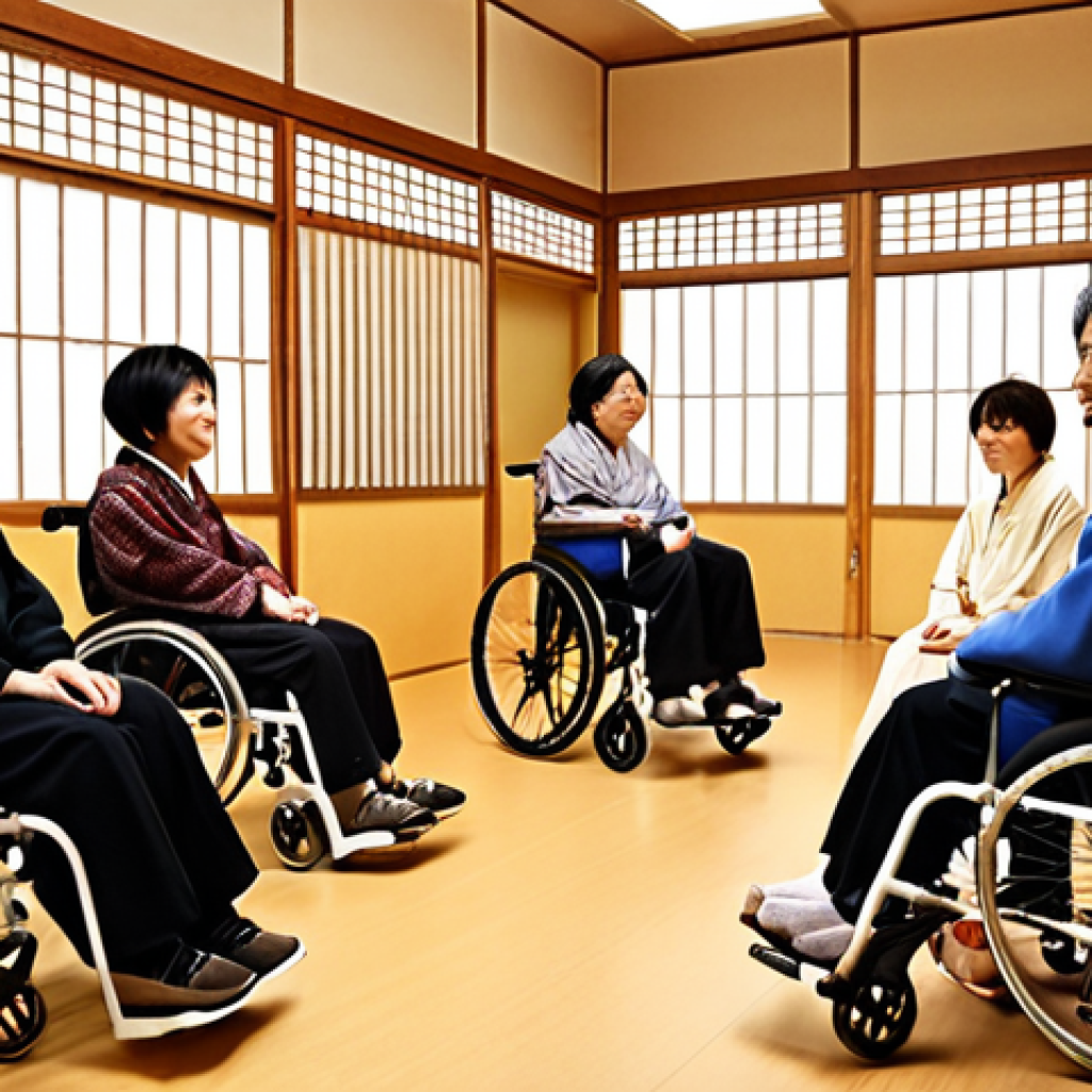 **Image Prompt:** A support group meeting for spinal cord injury survivors in Japan. Warm lighting, diverse group of people (young and old), some in wheelchairs, sharing stories and offering encouragement. Background: Japanese-style community center with shoji screens. Emphasize resilience and hope. Style: Realistic, but slightly warm and inviting. Keywords: 脊髄損傷, リハビリ, ピアサポート, 日本, 障害者, コミュニティ (Spinal Cord Injury, Rehabilitation, Peer Support, Japan, Disability, Community)