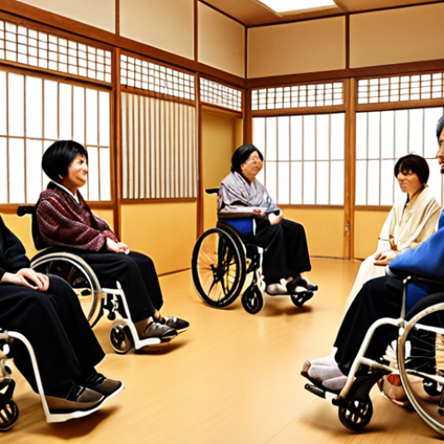 **Image Prompt:** A support group meeting for spinal cord injury survivors in Japan. Warm lighting, diverse group of people (young and old), some in wheelchairs, sharing stories and offering encouragement. Background: Japanese-style community center with shoji screens. Emphasize resilience and hope. Style: Realistic, but slightly warm and inviting. Keywords: 脊髄損傷, リハビリ, ピアサポート, 日本, 障害者, コミュニティ (Spinal Cord Injury, Rehabilitation, Peer Support, Japan, Disability, Community)