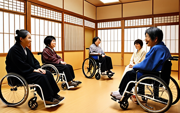 **Image Prompt:** A support group meeting for spinal cord injury survivors in Japan. Warm lighting, diverse group of people (young and old), some in wheelchairs, sharing stories and offering encouragement. Background: Japanese-style community center with shoji screens. Emphasize resilience and hope. Style: Realistic, but slightly warm and inviting. Keywords: 脊髄損傷, リハビリ, ピアサポート, 日本, 障害者, コミュニティ (Spinal Cord Injury, Rehabilitation, Peer Support, Japan, Disability, Community)