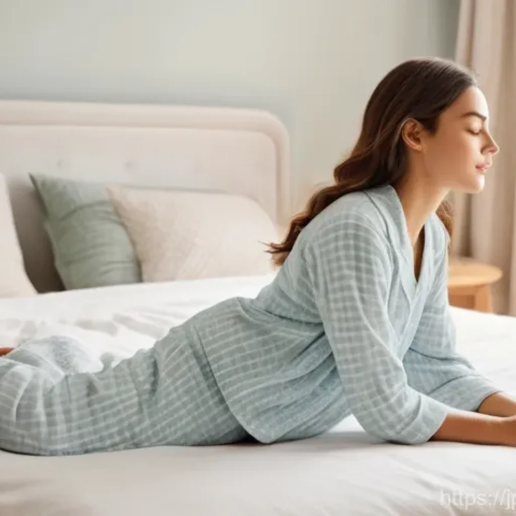 허리 통증 완화 재활운동 - **Morning Gentle Bed Stretch:** A serene young woman in her late 20s, wearing modest, soft cotton pa...