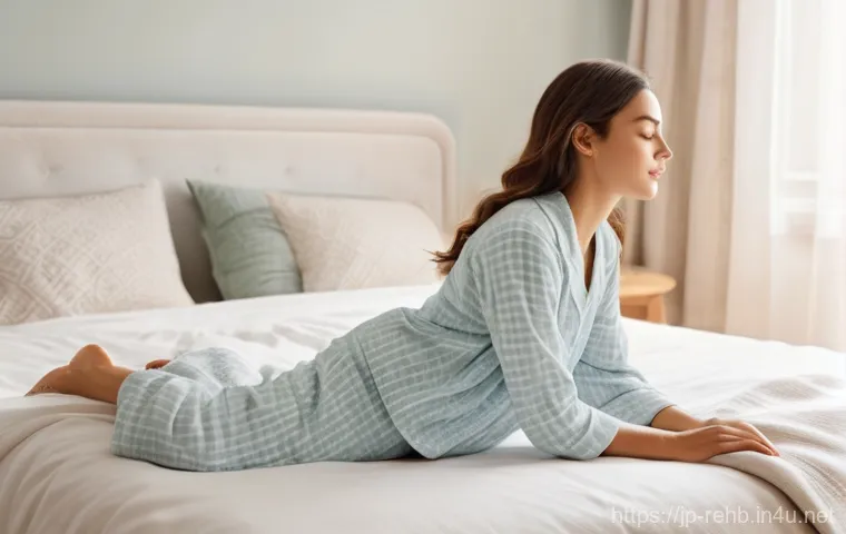 허리 통증 완화 재활운동 - **Morning Gentle Bed Stretch:** A serene young woman in her late 20s, wearing modest, soft cotton pa...