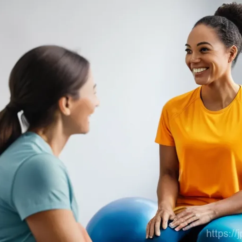 재활치료 장비 리뷰 - A cheerful adult woman in her 30s, wearing modest, comfortable athletic wear (leggings and a loose t...