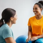 재활치료 장비 리뷰 - A cheerful adult woman in her 30s, wearing modest, comfortable athletic wear (leggings and a loose t...