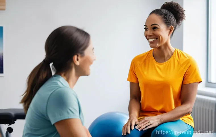 재활치료 장비 리뷰 - A cheerful adult woman in her 30s, wearing modest, comfortable athletic wear (leggings and a loose t...