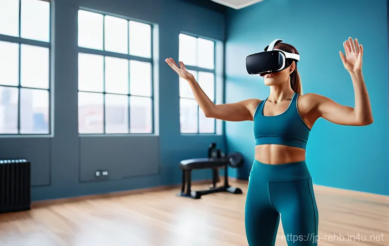 재활치료 장비 리뷰 - A focused adult man in his 40s, wearing a comfortable t-shirt and athletic shorts, is gently using a...