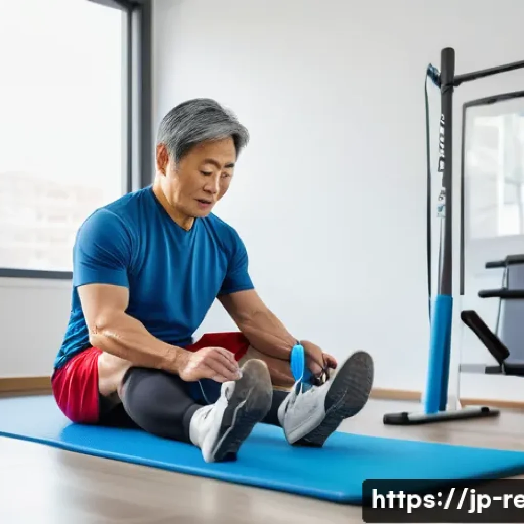 근육 강화를 위한 재활법 - A middle-aged Japanese man performing isometric exercises in a bright, modern rehabilitation clinic....