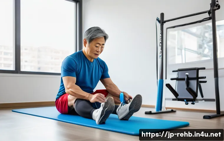 근육 강화를 위한 재활법 - A middle-aged Japanese man performing isometric exercises in a bright, modern rehabilitation clinic....