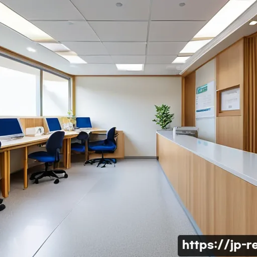 재활치료 의료보험 청구 방법 - A modern Japanese rehabilitation clinic reception area with medical staff assisting patients, detail...
