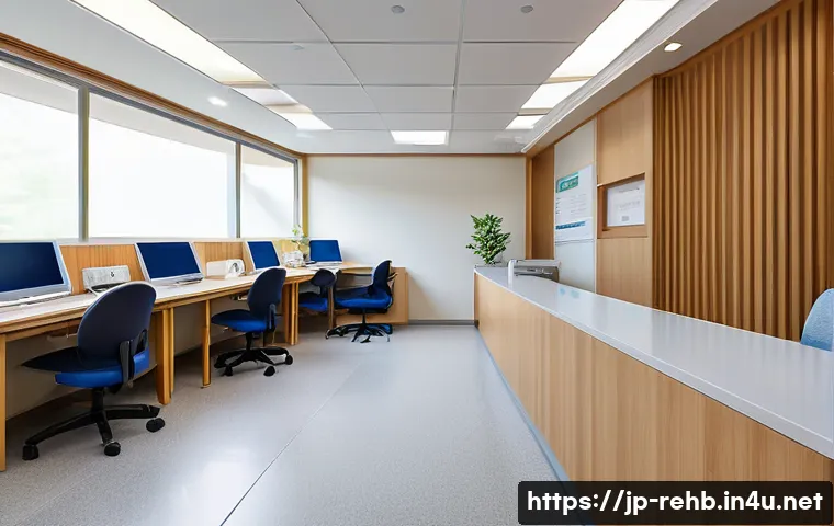재활치료 의료보험 청구 방법 - A modern Japanese rehabilitation clinic reception area with medical staff assisting patients, detail...