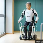 척추 손상 환자 장기 관리법 - A modern rehabilitation center scene featuring a middle-aged Japanese patient wearing assistive unde...