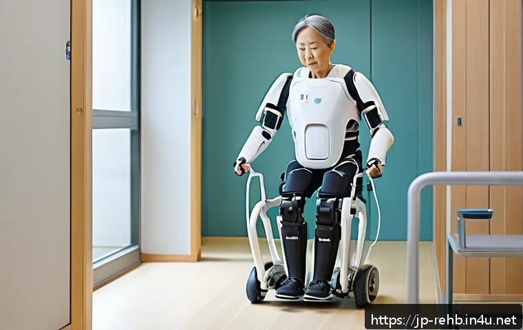 척추 손상 환자 장기 관리법 - A modern rehabilitation center scene featuring a middle-aged Japanese patient wearing assistive unde...