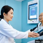 뇌졸중 환자 재활 프로그램 - A modern rehabilitation clinic scene featuring a middle-aged Japanese stroke patient wearing comfort...