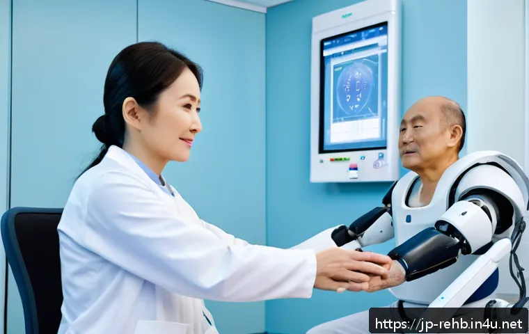 뇌졸중 환자 재활 프로그램 - A modern rehabilitation clinic scene featuring a middle-aged Japanese stroke patient wearing comfort...