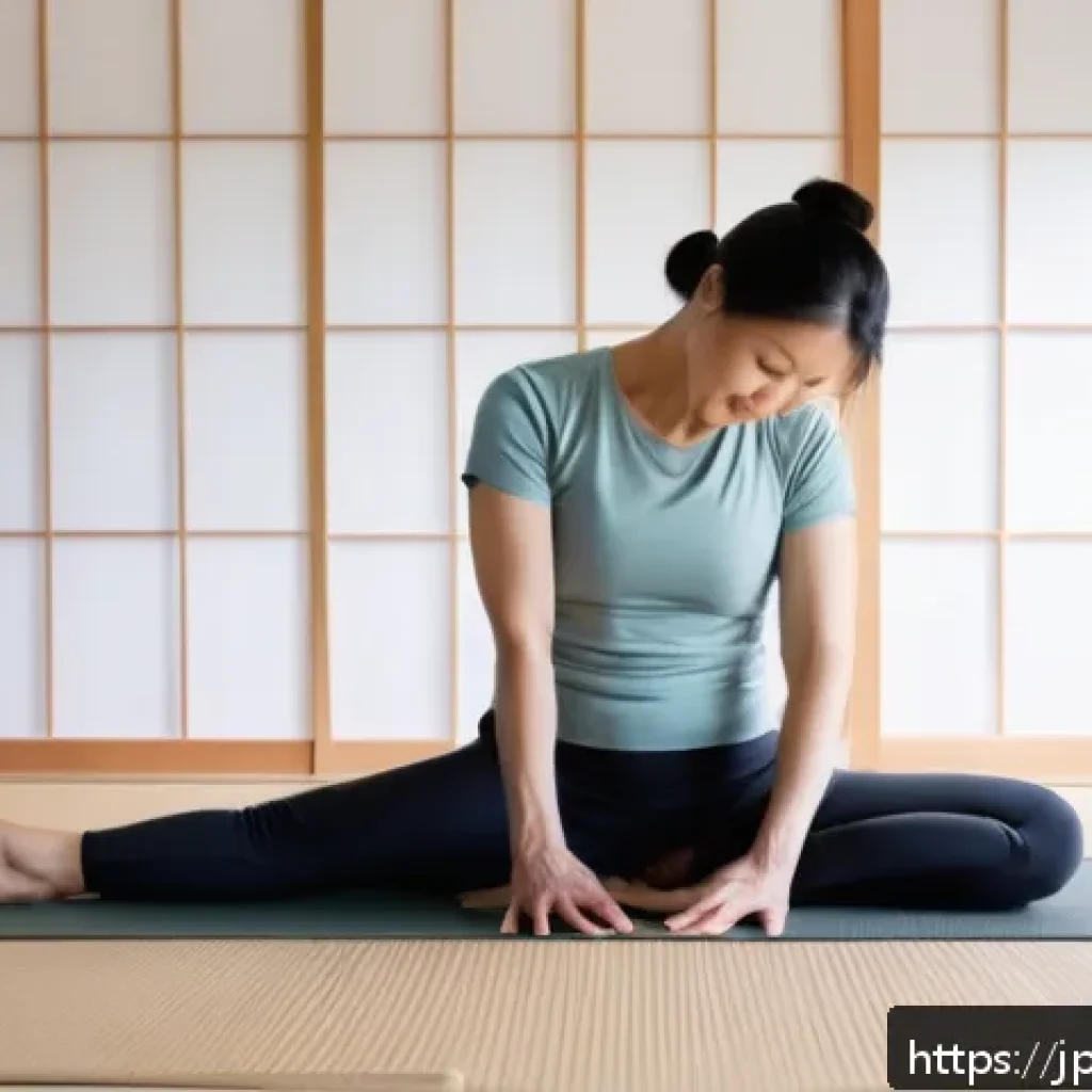 퇴행성 관절염 자가 운동법 - A serene morning scene featuring a middle-aged Japanese woman performing gentle joint stretches in a...