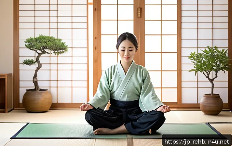 퇴행성 질환 예방 운동 - A serene Japanese bedroom scene at dawn with soft natural light filtering through shoji screens. A y...