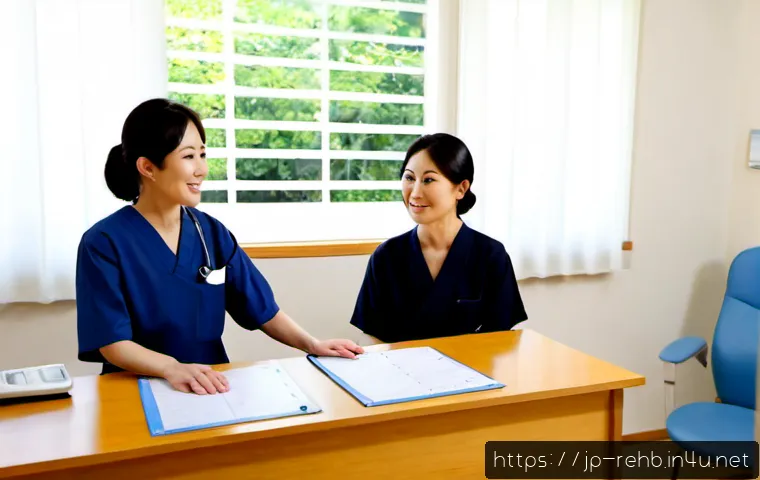 재활치료 비용 비교 - Photorealistic rehabilitation cost comparison scene in a bright Japanese clinic consultation room, f...