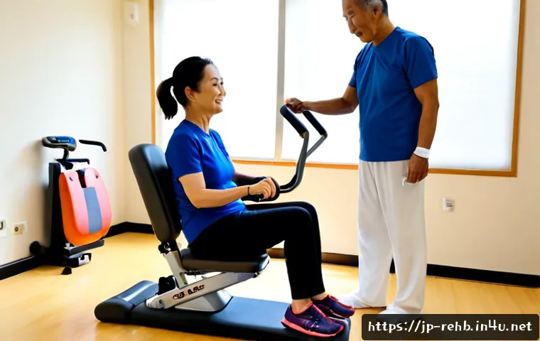 재활운동 기구 추천 - Photorealistic bright rehabilitation room, an older Japanese adult in comfortable athletic clothing ...